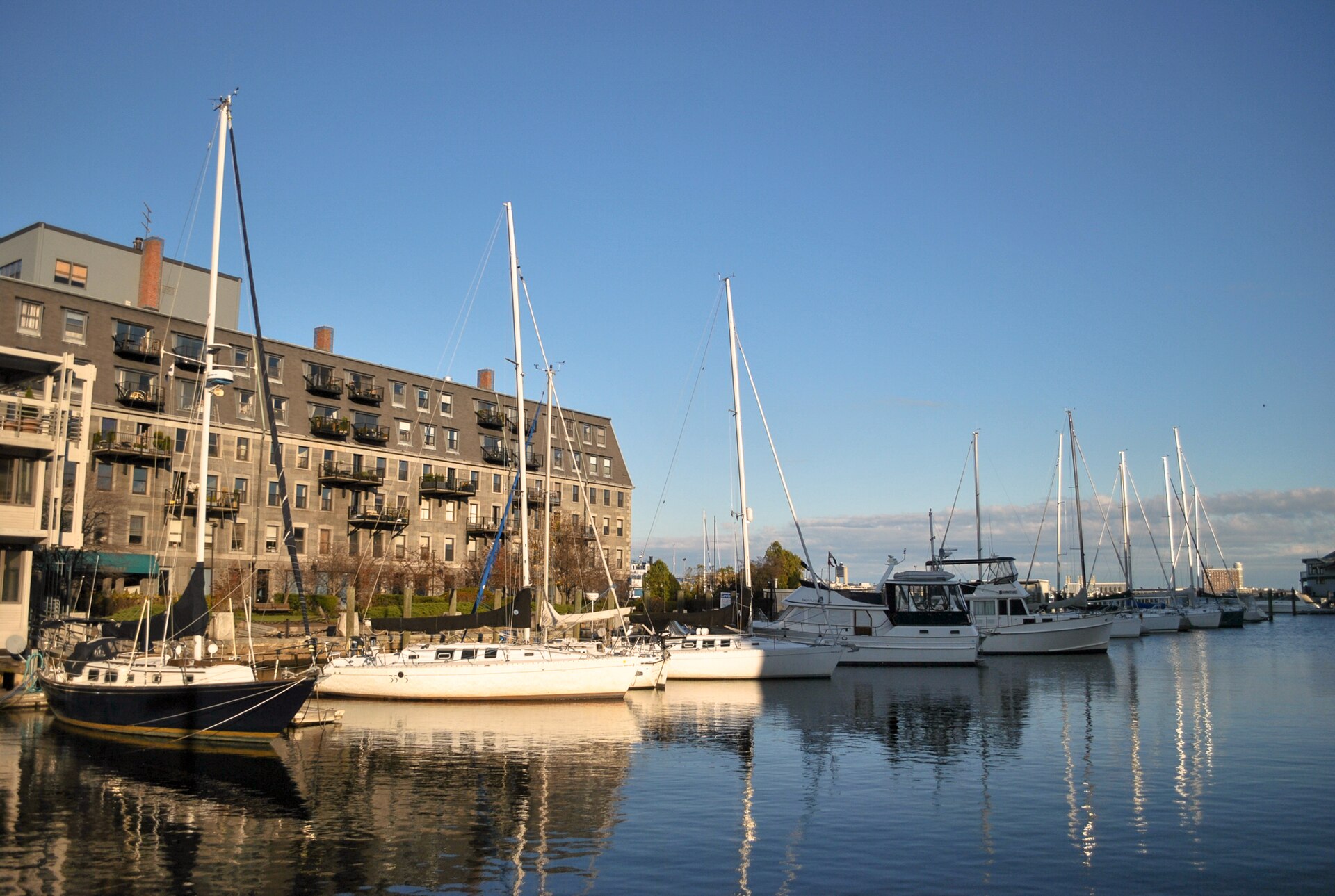 Lewis Wharf and its marina beside Boston Harbor